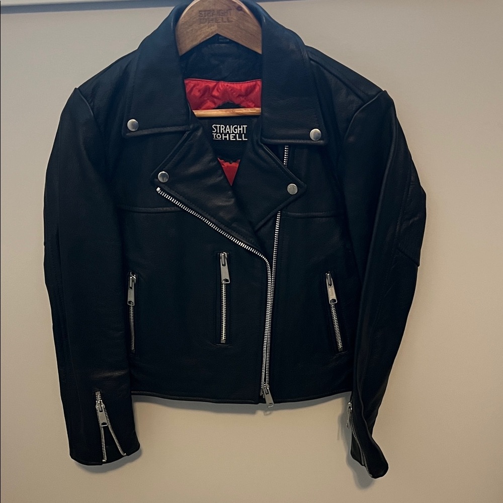 Straight To Hell Black Leather Biker Jacket